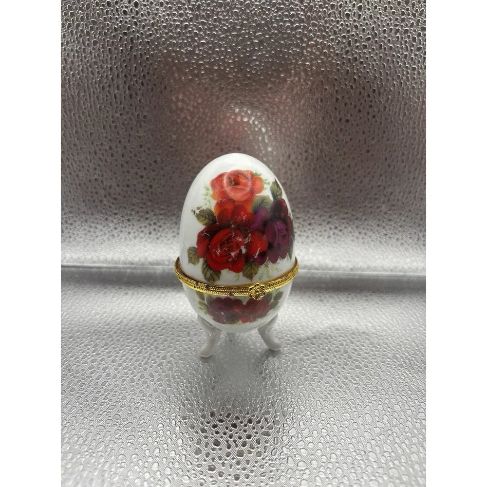 Vintage Karaduman Turkish Porcelain Hinged Egg Box Red Roses Footed Trinket